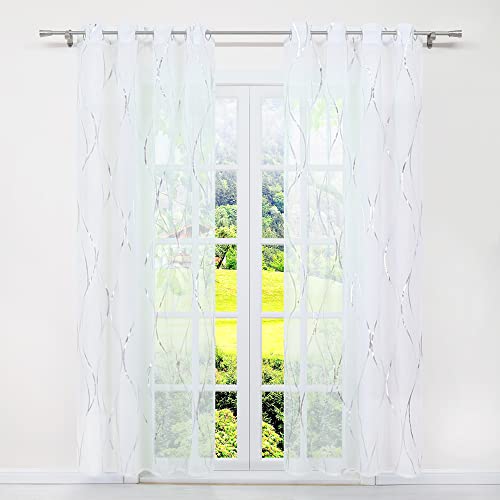 SCHOAL Curtains with Eyelets Transparent Voile Curtain Window Curtain Modern Decorative Curtains with Shiny Waves Pattern 1 Piece W x H 140 x 225 cm Silver