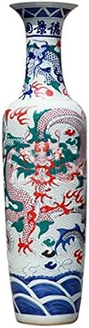 Sungao Waist-Drum Type Handcarved-Rilievo Floor Vase of Underglaze Pastel Blue and White-Glazed Porcelain-Double Rainbow Dragons Playing Peals (Height:2.2m)