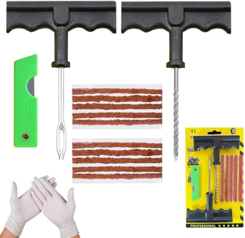 NOOGUI - Meche Pneu Crevaison - Kit Reparation Pneu Voiture - Répare en 15 Minutes - Inclut 10 Mèches,1 Outil T spiralé,1 Insert d'outil en T,2 Gants et 1 Cutter -...
