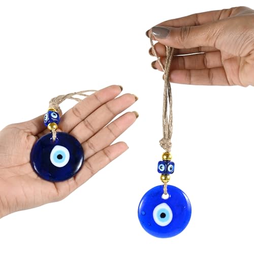 Image of Handmade Turkish Evil Eye Hanging with Beads for Decoration of Home Shop Office Garden and Car (Golden Blue)