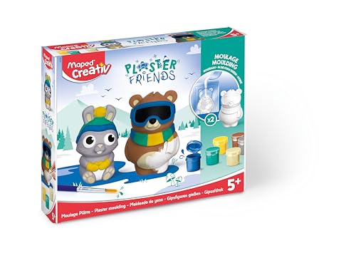 Maped Creativo – Juego de manualidades con figuras de yeso PLASTER FRIENDS – Invierno – Conejo y oso – Incluye 2 moldes para figuras de 9 cm, yeso, 6 x colores de pintura, multicolor, 1 juego