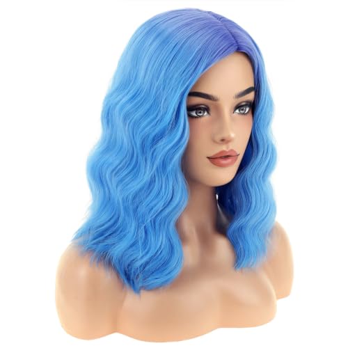 Image of BERON Blue Short Wavy Wig for Women Purple Ombre Blue Shoulder Length Curly Side Part Heat Resistant Synthetic Wigs Halloween Cosplay Costume Party Wig