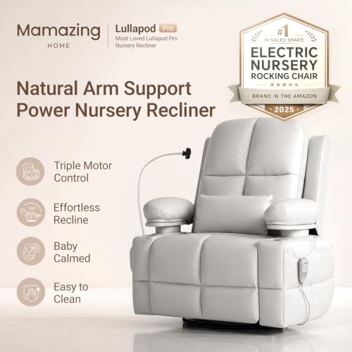 Image of MAMAZING Lullapod Power Nursery Rocking Chair with HugAssist Armrest | Triple Motor Power Nursing Recliner with 270 Swivel Glider & Quiet Rocking, Dual Charging Ports & Built-In Storage