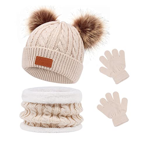 Waylipun 3 in 1 Kinder Wintermütze Schal Handschuhe Set, Strickmütze Babymütze Kinder Mütze Set, Warme Winter Beanie Hut Handschuhe Schal Set für Kinder Jungen Mädchen, 1-5 Jahre ​(Beige)