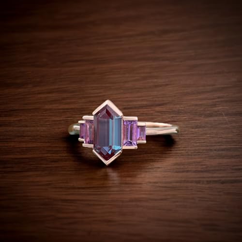 Vintage Long Hexagon Cut Alexandrite Engagement Ring Alexandrite Hexagon Ring for Women 10K/14K/18K Rose Gold Anniversary Ring Unique June Birthstone Wedding Bridal Gifts2
