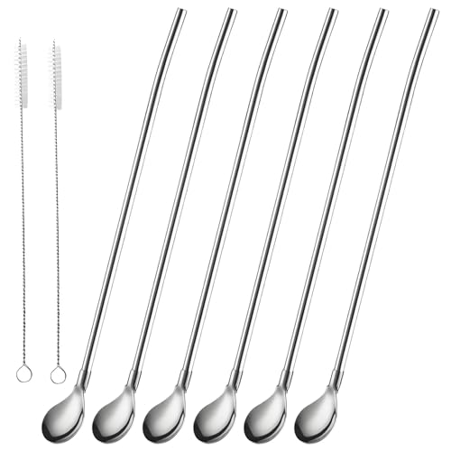 6 Stück Edelstahl Strohhalme Löffel, Wiederverwendbare Strohhalme mit Löffel, Lange Strohhalm, Trinkhalme, mit 2 Bürsten, für Smoothies,...