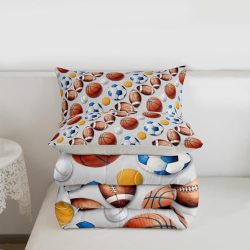 Image of Feelyou Soccer Football Comforter Set Full Size Basketball Baseball Softball Sport Theme Bedding Set for Kids Boys Girls Light Gray Duvet Quilt Bedroom Decor Microfiber 3 Pcs with 2 Pillow Cases
