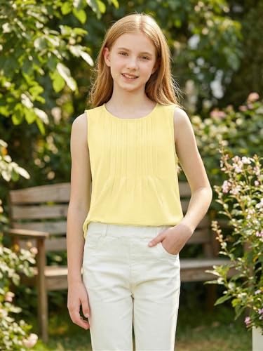 XMWEALTHY Girls Tops Cute Cummer Tank Tops Fashion Round Neck Peplum Tee Blouse 2026 Casual Pleated Tween Girl Shirts Yellow 5-6T — view 5