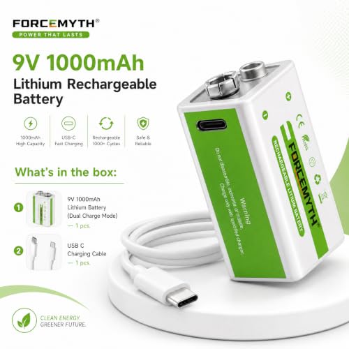 Image of 9V Rechargeable Lithium Battery with Charger, 1000mAh High Capacity, USB-C Direct Charging & Wireless Charging, Stable Output, 1,200+ Recharge Cycles, Long Shelf Life