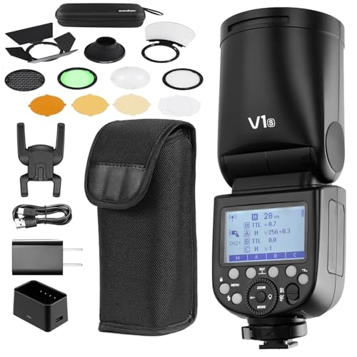 Godox V1-S Camera Flash for Sony Cameras, 76Ws 2.4G TTL Round Head Flash, 1/8000 HSS, 480 Full Power Shots, 1.5s Recycle Time, 2600mAh Lithium Battery, 10 Level LED Modeling Lamp, With AK-R1 Kit