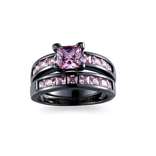 2in1 Retro Black Halo Princess Cut Created Pink Topaz Ruby Amethyst Cubic Zirconia Wedding Engagement Eternity Square Rings Set Women's Band Vintage for Bridal Mom Lover3