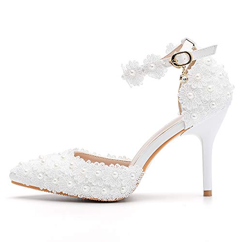 Dress First Women's High Heel Pumps Closed Toe Sandals with Floral Lace Pearls Strap Stiletto Bridal Wedding Party Shoes,3.74"4