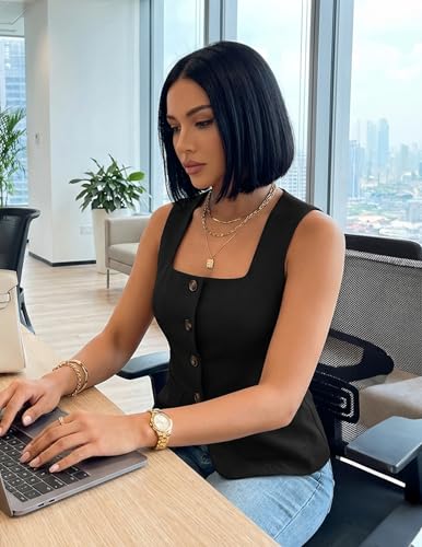 ZESICA Womens Summer Sleeveless Suit Vest Tops 2026 Square Neck Button Down Vests Business Casual Work Blazer Waistcoat Black Small