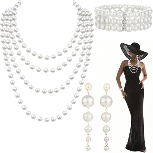 agogue 3 Stück 20er Jahre Accessoires Perlenkette Lang Set,Perlenarmbänder,Perlenkette Damen 3 Teiliges Set Retro Modeschmuck, Perlenarmband Damen Vintage Beads for Prom