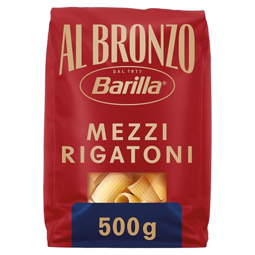 Barilla Pasta Al Bronzo Mezzi Rigatoni 500g I Nudeln aus Bronze-Formen, Saucenhaftung auf die italienische Art, 100% hochwertiger Hartweizen verleiht den vollmundigen Geschmack