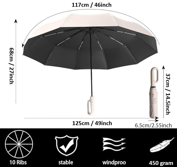 Image of FLYNGO Umbrella for Rain Big Size with Carabiner Handle, UV Coated 3-Fold Travel Umbrella for Sun Protection, Windproof Reinforced 10 Dual Ribs, Automatic Open /Close