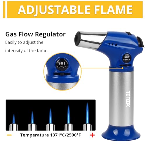 Image of TBTEEK Butane Torch T901, Kitchen Torch Cooking Torch with Safety Lock & Adjustable Flame for Cooking, BBQ, Baking, Brulee, Creme, DIY Soldering(Butane Not Included), Blue
