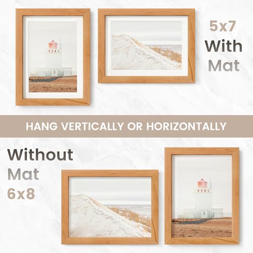 Image of 6x8 Picture Frame, USA-Sourced Natural Cherry Wood Photo Collage Frame with HD Tempered Glass, Modern Simple 6 x 8 Wooden Frame Matted to 5x7, Gallery Wall Frames for Art, Wall or Tabletop Display