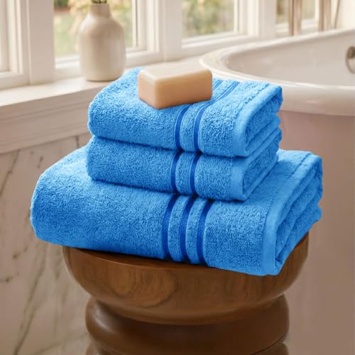 Image of MYTRIDENT Towel Set| Comfort Living | Quick Drying | Travel Friendly | for Men /Women | 3 PC Towel Set | 1 Bath (70 cm x 140 cm) 2 Hand (40 cm x 60 cm) | 100% Cotton 400 GSM - Ocean Blue