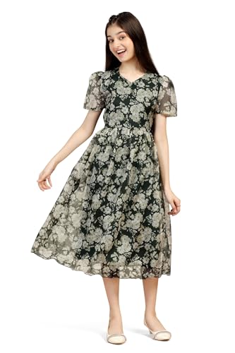 Image of Fashion Dream Girl's Organza Floral Printed Calf Length Dress|Western Dress|Kids Dress|Fancy Dress