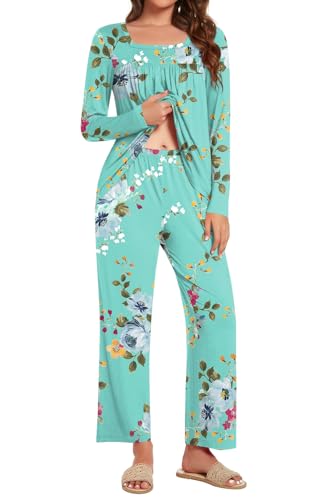 Anydeer Women Pajamas Set Long Sleeve Casual 2 Piece Pleated Pjs Nightwear Pants With Pocket2