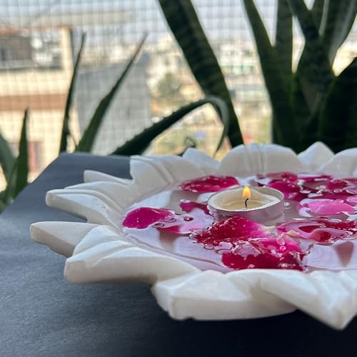 Image of Marble Urli Bowl for Decoration | Big Potpourri Decorative Bowls in Home decor | Large White Floating Flower Plates of Stone | Small Shape puja Item | (9 inch, Lotus Plate)