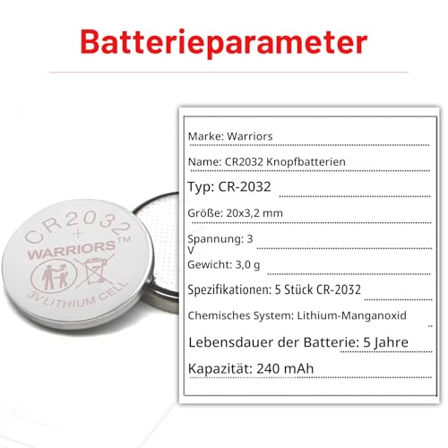 Warriors 20X CR2032 Batterien Knopfzellen, 20er Pack Vorratspackung, 3V 240mAh Extra Kapazität, Lange Haltbarkeit, Zuverlässige Knopfzellen für Schlüsselanhänger, Waagen 4