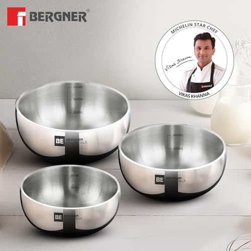 Image of BERGNER BE Essentials TriPly Stainless Steel 3 Pcs Mini Tasra Set - 10 cm (300ml), 12cm (500ml), 14cm (700ml), Junior Tasla Combo, Cook and Serve, Less Oil Use, Easy to Clean - Gas Stove Compatible