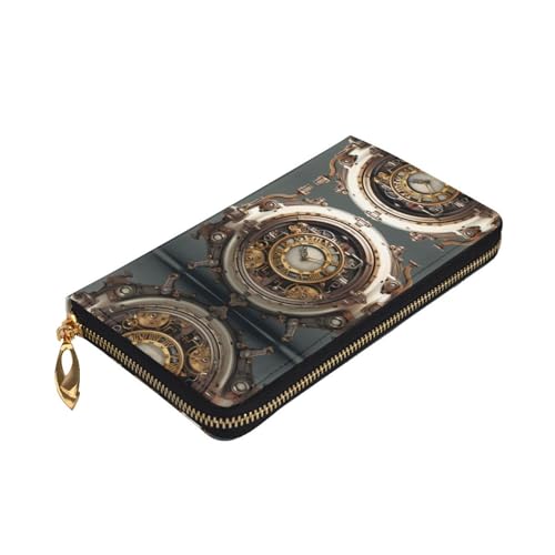 Leather Wallet 7.48 x 4.13 in - Stylish and Durable Wallet for Women with Multiple Compartments and Zipper Design Steampunk Clock Pattern3