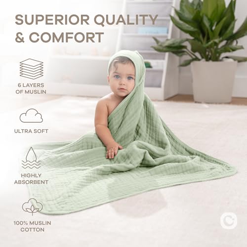 Image of Comfy Cubs Hooded Baby Towel 2-Pack, Large 32 x 32 Inch - 6 Layer 100% Muslin Cotton for Babies, Toddlers and Kids - Soft & Absorbent Baby Bath Towels - Unisex Design for Bath Time - Sage