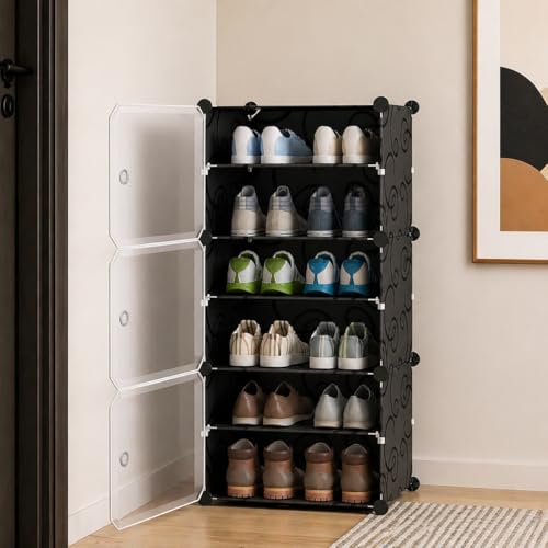 Image of KRISHYAM Plastic Shoe Rack Cabinet | Waterproof & Dustproof Shoe Organizer | 6-Tier Multipurpose Shoe Storage Rack | Space-Saving Shoe Stand for Home, Entryway & Bedroom [Black, 3-Door-6-Shelf]