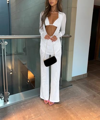 EDITCOZY Women Mesh Sheer 3pcs Outfits Long Sleeve Top Long Pant Bikini Cover Up4