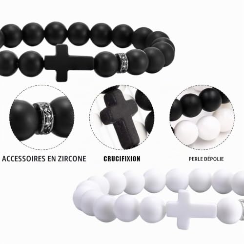 ZORVUJI Lot de 2 bracelets en perles avec croix de Jésus mates - Bracelet chapelet pour homme et femme - Cadeau chrétien en noir et blanc – vue 3