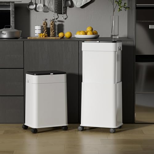 Image of Trash Can with Lid, 20L /5.3Gal Adjustable Height Kitchen Garbage Can, Trash Can on Wheels with Brakes, Plastic Tall and Slim Trash Bin for for Kitchen /Bathroom /Bedroom /Office, White