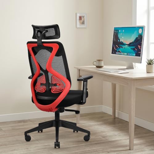 Image of IAFA FURNITURE Ergolux High Back Ergonomic Office & Study Chair | 3 Year Warranty | Adjustable Height, Tilt Lock, 2D Headrest, Adjustable Arms & Lumbar Support | Nylon Base | DIY | (Red)