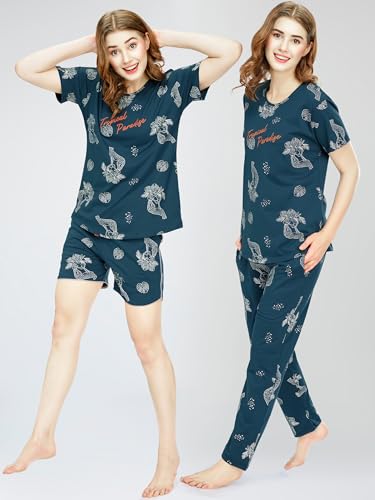 Image of ZEYO Night Suit for Women's Cheetah & Floral Printed Cotton Night Dress of Top,Pajama & Short's 3Pc'S Set 5733