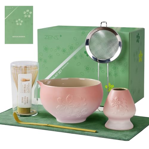 ZENS Matcha Set Rosa Matcha Tee Set mit Matcha Besen Keramik Matcha Schale & Besenhalte Pulversieb und Löffel & Teetuch für Matcha Ceremonial Geschenk für Matcha-Liebhaber Sakura Rosa