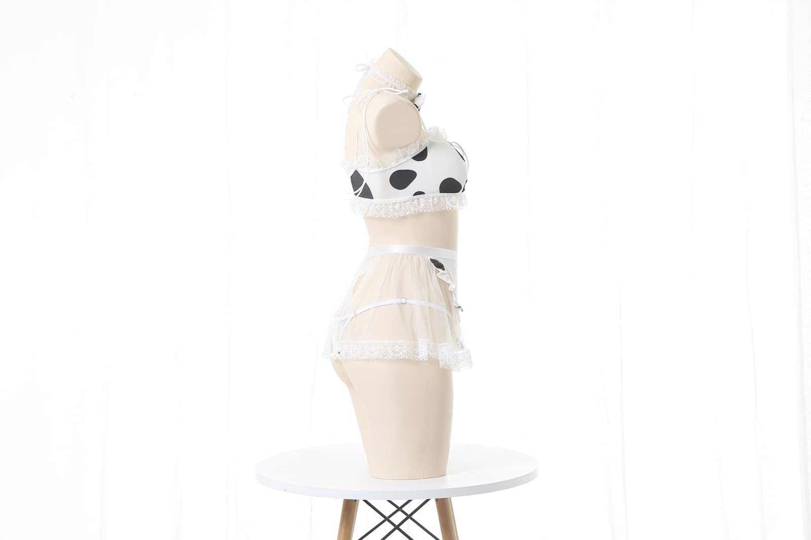 Jilneed Japanese Lolita Lingerie Set Women Kawaii Cow Print Anime Role Playing Maid Costume Sexy Bikini Underwear Set: Medium Black