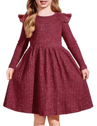 Arshiner Toddler Girl Dress Baby Girls Knitted Ruffle Sleeve Pocket Dresses A-Line Flared Fall Winter Clothes for 2-8 Years