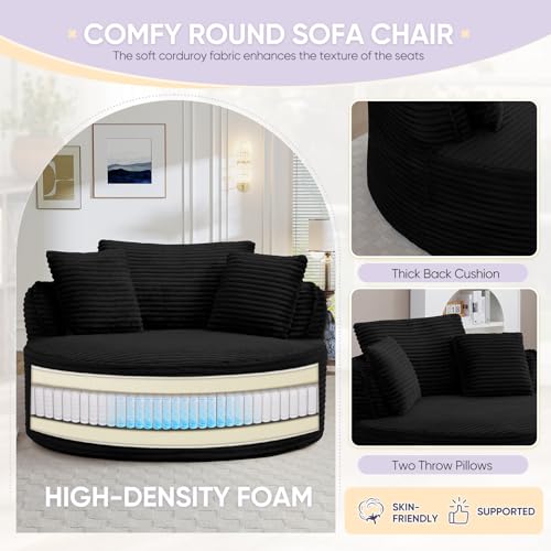 Image of Antetek 53.5-inch Round Chair, Modern Accent Corduroy Comfy Deep Seat Boneless Foam Floor Single Circle Chaise Sofa Chair with 3 Pillows for Living Room Bedroom Office, No Assembly Required, Black