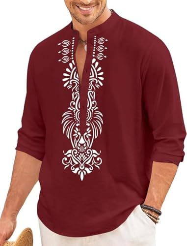 Image of FINIVO FASHION Men's Cotton Blend Short Kurta with Bold Printed Front Design | Full Sleeve Ethnic Casual Kurta with Mandarin Collar | Artistic Festival & Travel Wear for Modern Ethnic Style