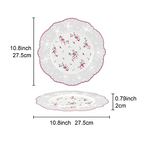 fanquare 27.5cm Porcelain White Dinner Plates Set of 4, Pink Rose Floral Dinner Set, Royal Vintage Tableware for Christmas Party, Wedding