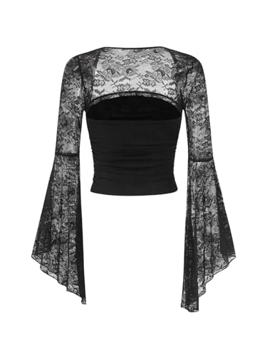 Verdusa Women's Goth Bell Sleeve Square Neck Ruched Blouse Y2K Lace Tops2