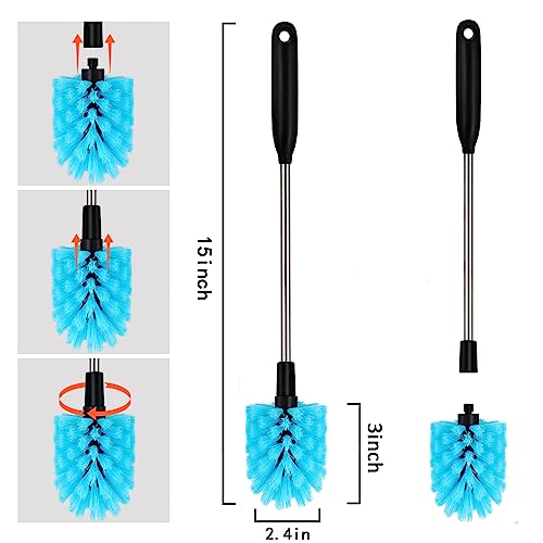 Image of Long Handled Water Bottle Brush, Multi-Purpose Bottle Scrubbing Brush, Soft Bottle Brush, Glassware Brush, Water Bottle Cleaner with Removable and Replaceable Brush Heads 15 in (1, Blue)