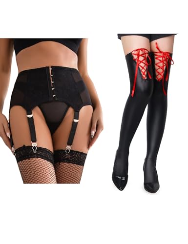 Medias mujer cuero PU rojo para noches especiales con liguero encaje negro curvas sensuales