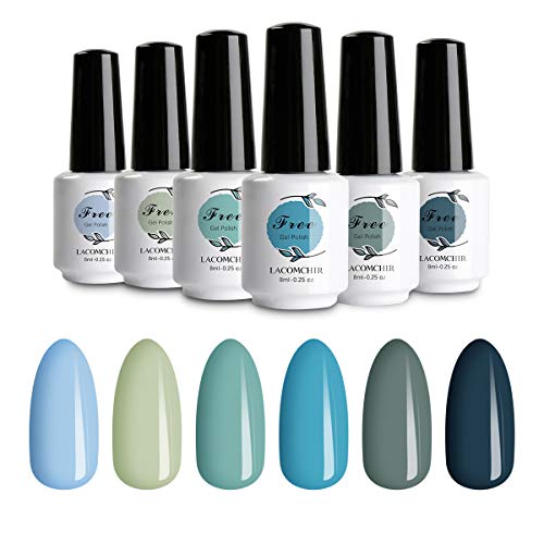 LACOMCHIR Gel Nagellack Set 8ml x 6 Farben LED Farbgel Kit Blauer Himmel und Ozean Natürliche Farbe Glitzer Shellac…
