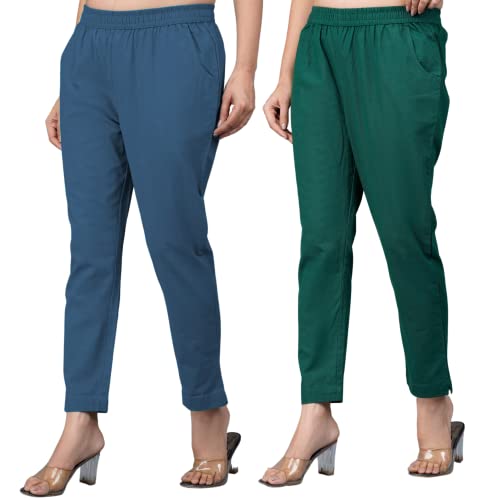 Image of Regular Fit Fully Elastic Waist Ankle Length Premium Cotton Casual Trouser Pant (Combo Pack of 2)