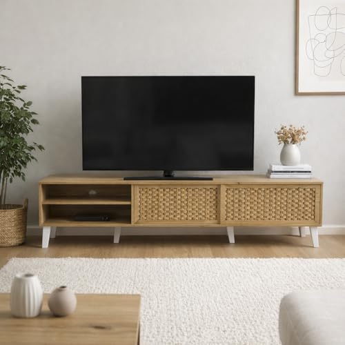 Mid-Century Modern Style 180cm Oak TV Cabinet with Woven Sliding Doors engineered wood Entertainment Unit with Open Shelves & Cable Hole 40cm Depth and43cm Height Media Console for Living Room