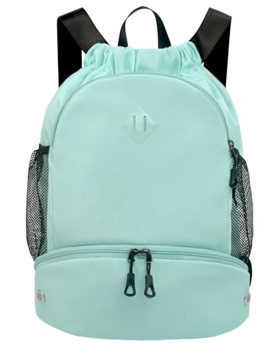 RHDZO Drawstring Backpack Gym Backpack with Shoe Compartment for Men Women String Sports Bag with Wet Pocket Cinch Swim Beach Bag Large Mint Green