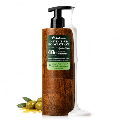 Image of Mintree Olive Body Lotion, 48-Hour Hydration with Ceramides and Peptides, Lightweight, Non-Sticky Body Lotion for Men and Women, Helps Calm Body Acne and Protect from Pollution | All Skin Types | 200 ml